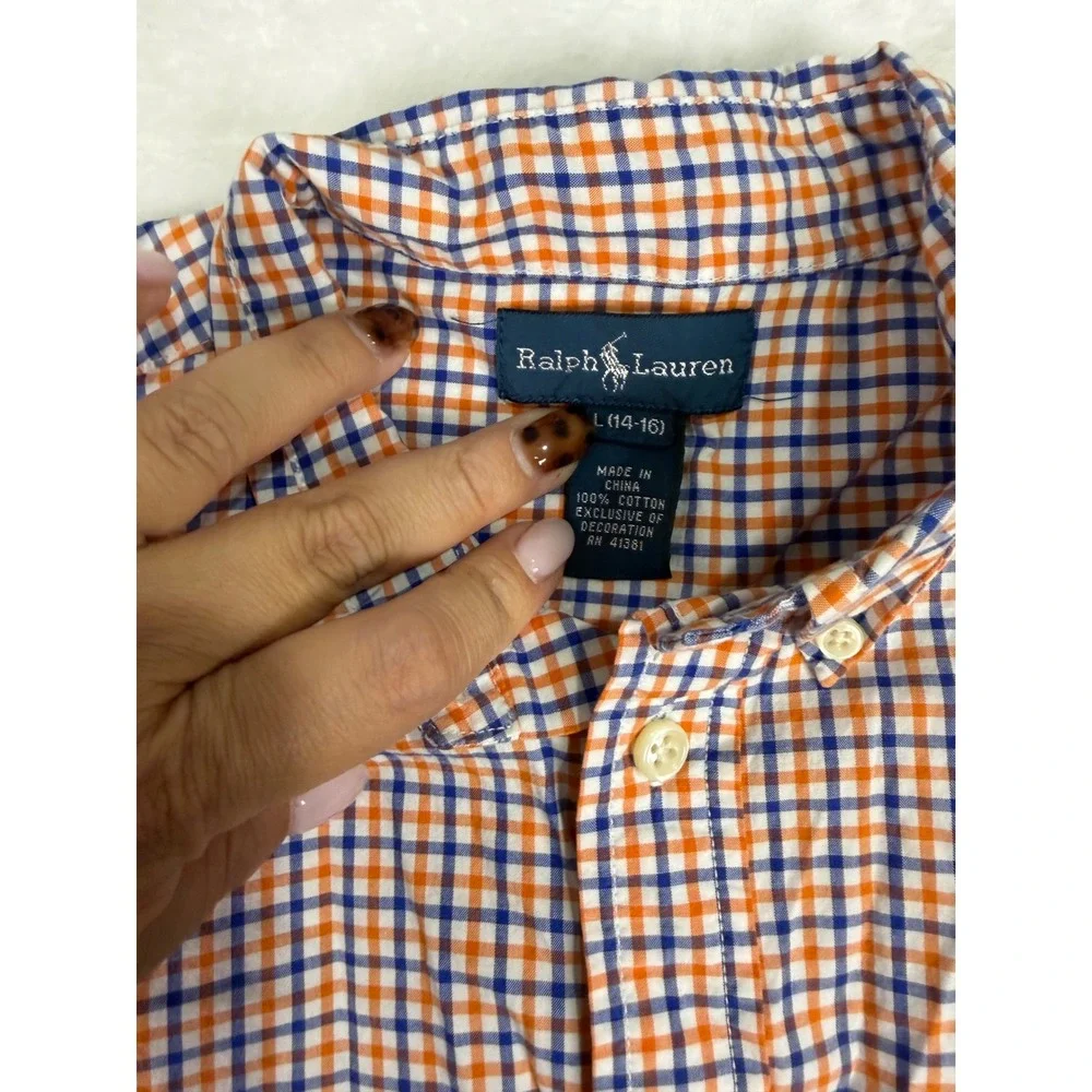 Ralph Lauren Button Down Shirt L (14-16) Orange Blue Gingham Kids Boys